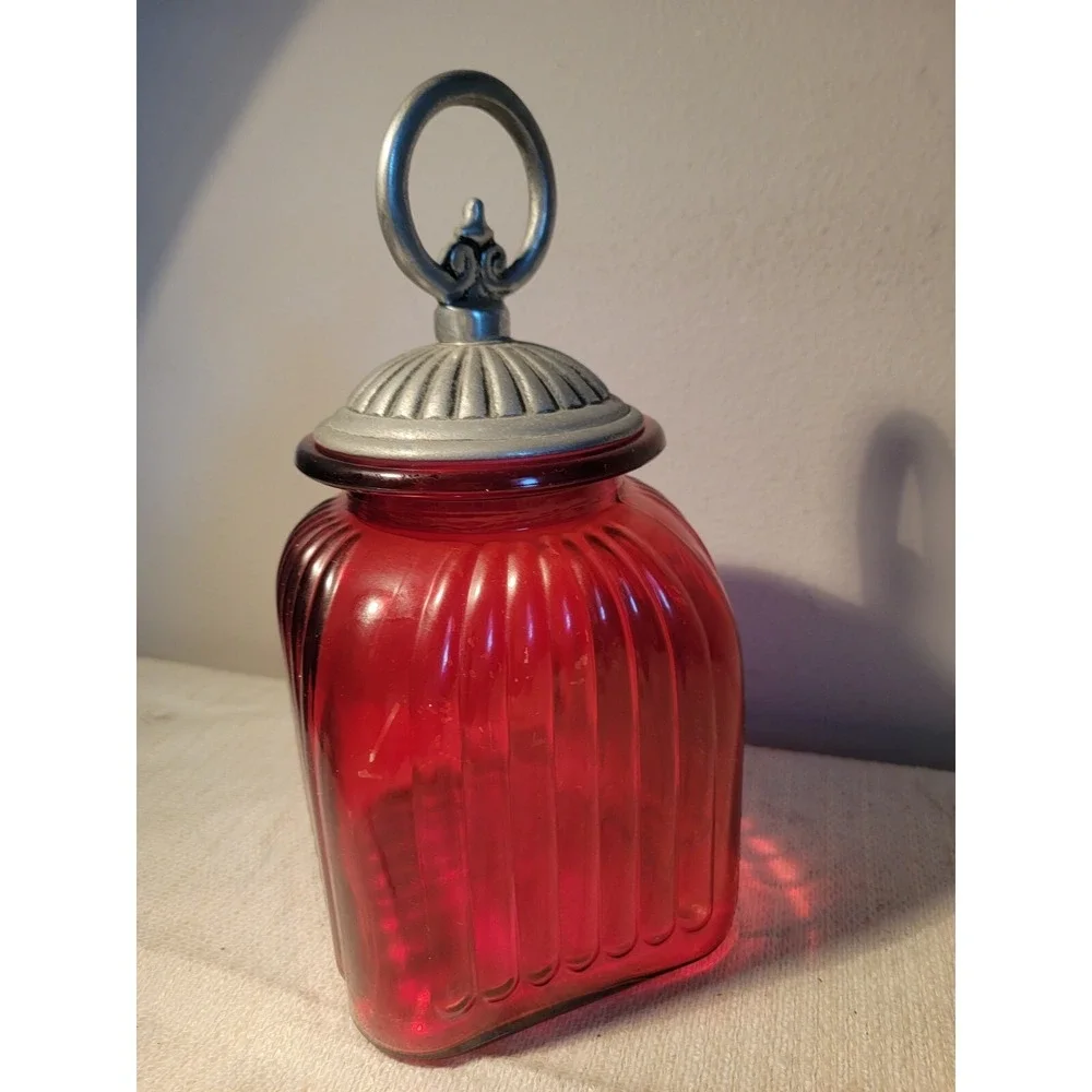 Vintage Artland‎ Painted Red Ribbed Glass Kitchen Canister Jar w Lid Large